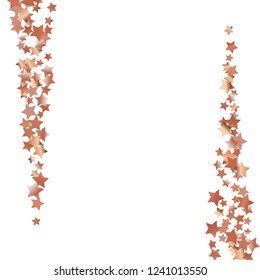 Vertical border from confetti stars. Isolated gradient stellar elements. Copper metallic gloss. Holiday celebration luminous glossy vector template for celebration decorations, posters.