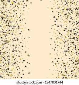 Vertical border from confetti stars.  Isolated gradient celestial elements. Platinum chrome metallic gloss. Festive iridescent holographic effect vector background.