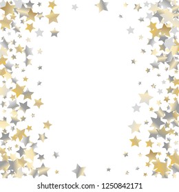 Vertical border from confetti stars. Isolated gradient celestial elements. Yellow pearl nacre glitter. Holiday celebration luminous glossy vector template for celebration decorations, posters.