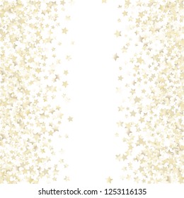 Vertical border from confetti stars.  Isolated gradient stellar elements. Pearl nacre glitter. Festive iridescent holographic effect vector template for celebration decorations, packaging.