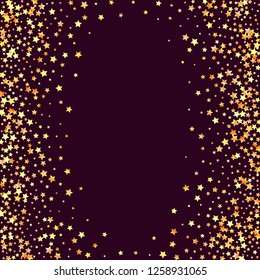 Vertical border from confetti stars. Isolated yellow orange red gradient stellar elements. Festive iridescent holographic shine effect vector template for decorations, packaging, flyers, posters.