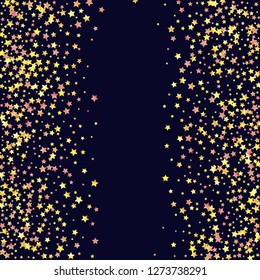 Vertical border from confetti stars. Isolated yellow orange red gradient stellar elements. Iridescent glitter festive  celebration vector  template for decorations, packaging, flyers, posters.