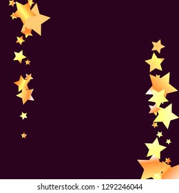 Vertical border from confetti stars. Isolated yellow orange red gradient stellar elements. Holiday celebration luminous glossy vector template for decorations, packaging, flyers, posters.