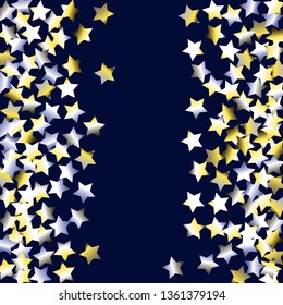 Vertical border from confetti stars.  Isolated yellow blue white grey gradient celestial elements. Festive iridescent holographic effect vector background.