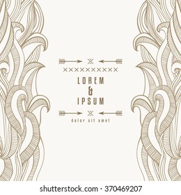 Vertical border with doodle waves. Monocolored wavy striped pattern boho style. Frame hand drawn river stream imitation. Template for card, invitation or poster. Vector is EPS8.