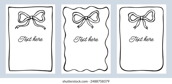 Vertical border frame card. Set bow frames template with space for text. Hand drawn black cute bow with frame isolated on background.