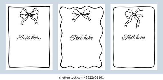 Vertical border frame cards. Hand drawn black cute bow with simple frame isolated on background. Set bow frames template with space for text.