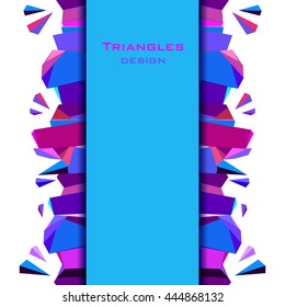 Vertical border geometric design. Blue, red, pink and purple triangles in white background. Vector illustration