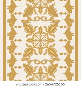 Layout de borda vertical combinando simetria floral clássica real e motivos dourados em padrão de fundo bege claro. Ótimo para corredores de mesa imprimíveis. produto vertical refinado textura histórica