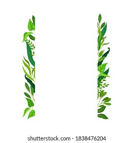 Vertical Border Lines with Green Leaves or Foliage Vector Illustration