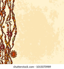 Vertical border made from wooden beads isolated on old paper background. Jewelry bijouterie hand drawn vector elements. Boho style design. Tribal folk motif.