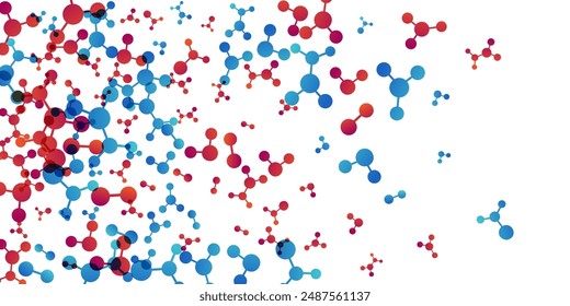 Vertical border with molecules, data or other tech structure elements. Pharmacy, biotechnology or chemistry design concept. Vector decoration element in red and blue colors