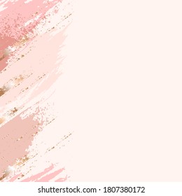 Vertical border. Pastel pink, rose, peach spots and golden brush strokes on a nude background. Vector abstract background. Design template for banner, card, cover, poster.