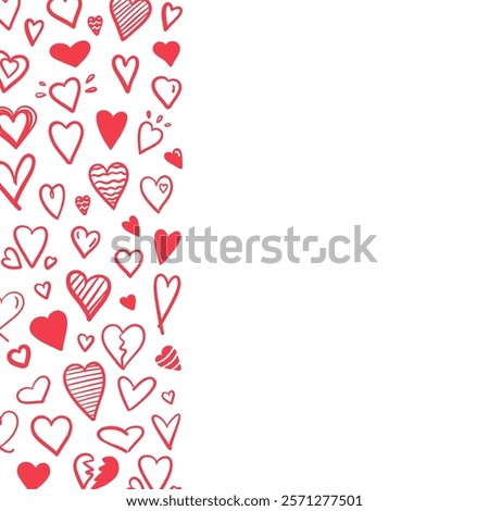 Vertical border with red doodle hearts on white background