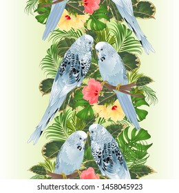 Vertical border seamless background birds Budgerigars, home pets ,parakeets  on a branch bouquet with tropical flowers hibiscus, palm,philodendron vintage vector illustration editable hand draw