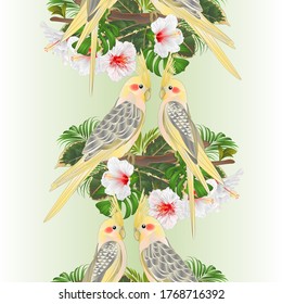 Vertical border seamless background Parrots yellow  and red and white hibiscus vector 