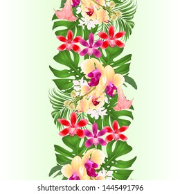 Vertical border seamless background with tropical flowers  beautiful yellow orchid and red cymbidium  palm,philodendron and Brugmansia  vintage vector illustration  editable hand draw 