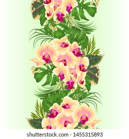 Vertical border seamless background  with tropical flowers  floral arrangement, with beautiful yellow orchid, palm,philodendron and ficus vintage vector illustration  editable hand draw 
