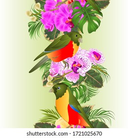 Vertical border seamless background tropical flowers purple and purple and white orchids phalenopsis with small tropical birds  palm,philodendron  vintage vector illustration  editable hand draw 
