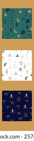 Vertical border, set Magic and heavens seamless pattern. Symbols and elements of the witchcraft theme