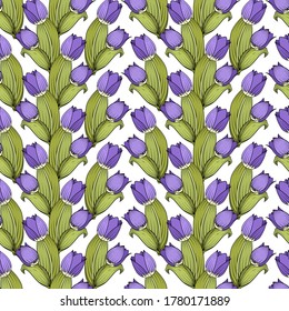 Vertical borders of purple tulips with green leaves. Seamless floral print on a white background. Great for decorating fabrics, textiles, gift wrapping, printed matter, interiors, advertising.