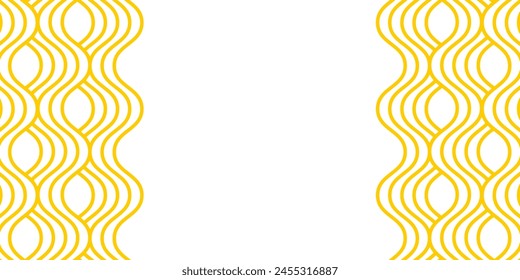 Vertical borders with wavy yellow lines. Noodle texture. Ramen pattern. Pasta, tagliatelle or capellini background. Curvy spaghetti wallpaper. Italian of Japan food print. Vector flat illustration.