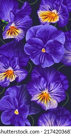 Vertical botanical background with blue, purple with yellow Pansies. violet flowers on dark background. Realistic vector handdrawn flowers. Template for phone screen saver, wallpaper.