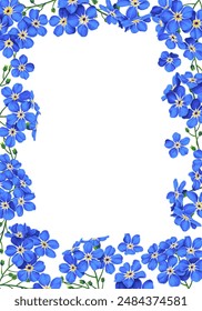 Vertical botanical floral frame. Blue delicate little forget-me-nots form a blooming design with space for your text. Fully hand drawn realistic plants.