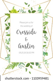 Vertical botanical vector design frame. Baby blue eucalyptus, green hydrangea, wildflowers, forest fern, plants, leaves and herbs. Natural spring wedding card. Gold line art. All elements are isolated