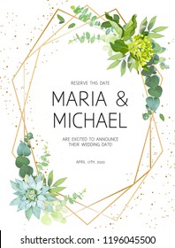 Vertical botanical vector design frame.Eucalyptus, succulents, green hydrangea, wildflowers, greenery, leaves, herbs. Natural spring wedding card. Gold line art. All elements are isolated and editable