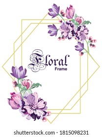 Vertical botanical vector design frame.Natural spring wedding card with purple flowers. Gold line art.