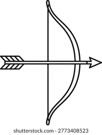 A vertical bow and arrow in a horizontal nocked position, minimalist and clean black and white vector illustration.