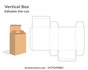 Vertical box mockup with a printable, editable die-cut design ready for print. Ideal for showcasing customizable product packaging in presentations and marketing materials.