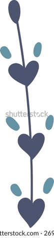 A vertical branch with heart-shaped leaves in a simple drawing style. The design features elongated leaves and a slender stem. Cartoon vector illustration.