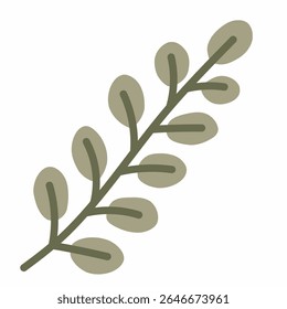 Ramal vertical com folhas ovais pequenas em verde sábio, elemento decorativo botânico.
