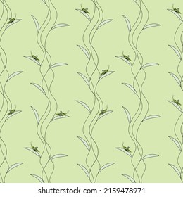 Ramas verticales y saltamontes sobre fondo de color pastel. Patrón de repetición sin fisuras adecuado para la moda, los textiles, las texturas superficiales, la envoltura de regalo, el papel pintado. Ilustración plana del vector