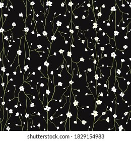 Vertical branches with white flowers and dark background pattern. Vector seamless pattern design for textile, fashion, paper, packaging and branding. 