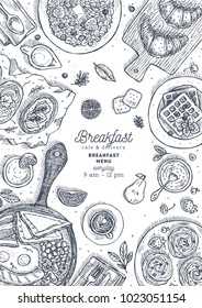 Vertical breakfast top view design template. Various food background. Engraved style illustration. Hero image. Vector illustration