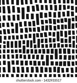 Vertical brick wall hand drawn vector seamless pattern. Stripes and dashes geometrical simple abstract texture. Monochrome black sketch on white background. Abstract wrapping paper textile design