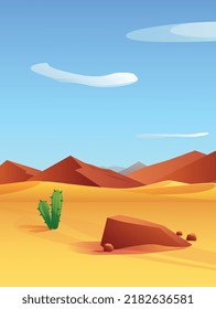 Vertical bright colorful desert landscape flat style, vector illustration. Dry yellow sand dunes, prickly green cactus, brown stone and blue sky with clouds