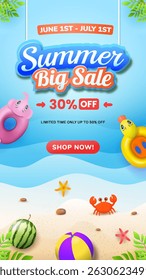 Vertical Bright and colorful summer sale advertisement featuring beach themed elements, watermelon, and a beach ball. Perfect for summer marketing campaigns and promotional design materials.