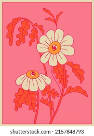 Vertical bright hippie poster. Vintage template for graphic prints on t-shirts. Female illustration with flowers, buds, petals. Retro smiling chamomile flower. Poster in the style of the 1970s.