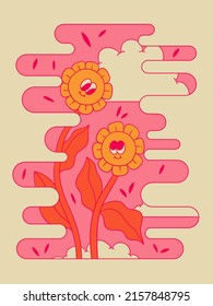 Vertical bright hippie poster. Vintage template for graphic prints on t-shirts. Female illustration with flowers, buds, petals. Retro smiling chamomile flower. Poster in the style of the 1970s.