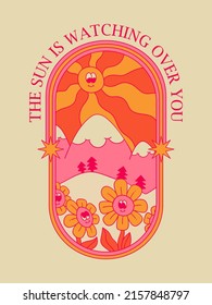 Vertical bright hippie poster. Vintage template for graphic prints on t-shirts. Female illustration with flowers, buds, petals. Retro smiling chamomile flower. Poster in the style of the 1970s.