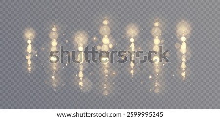 Vertical bright lines with glowing light effect and bright shiny bokeh particles on transparent background.