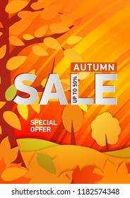 Vertical bright orange poster, the gold autumn forest. With text - Autumn Sale up to 50%. Vector illustrations for flyers, leaflet, ads.