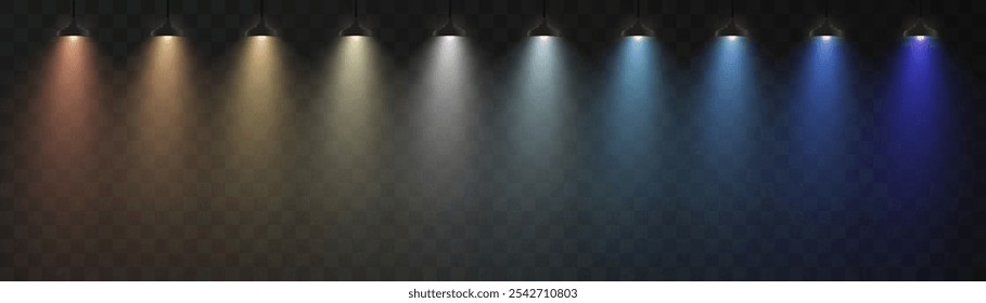 Vertical bright spotlight with bright beam light on dark background. Vector eps 10