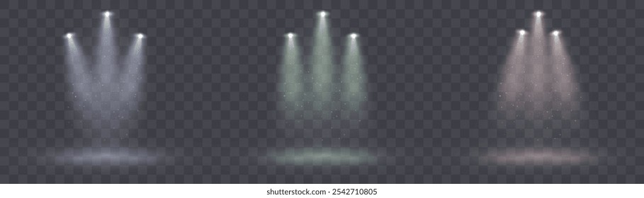 Vertikaler heller Spotlight mit hellem Strahllicht auf dunklem Hintergrund. Vektor eps 10