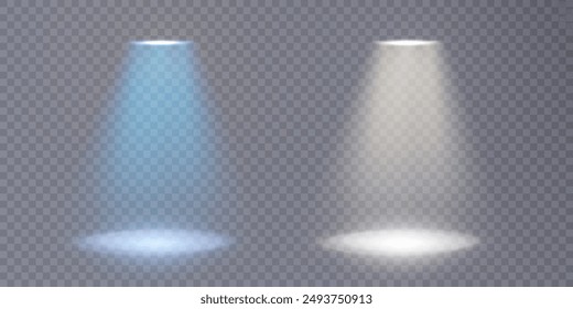 A vertical bright spotlight with flickering highlights on a dark background with a place for the represented object. Vector