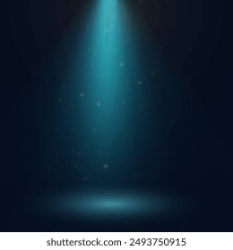 A vertical bright spotlight with flickering highlights on a dark background with a place for the represented object. Vector